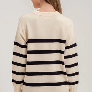 DROP SHOULDER RELAXED FIT SIDE SPLIT STRIPE OVERSIZED KNIT