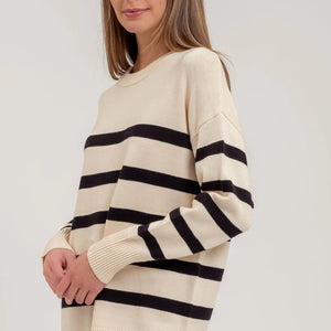 DROP SHOULDER RELAXED FIT SIDE SPLIT STRIPE OVERSIZED KNIT