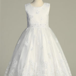 Corded embroidered tulle with pearls and sequins Tea-length, FIRST COMMUNION
