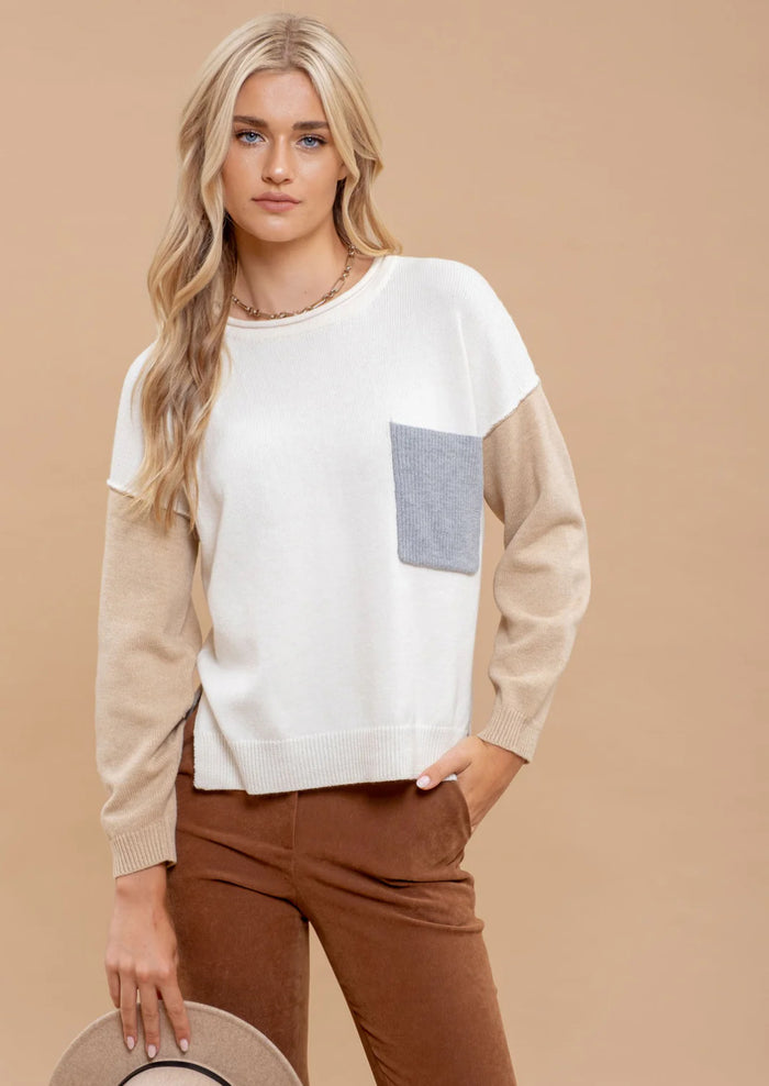 CREAM COLORBLOCK RAW EDGE LONG SLEEVE KNIT SWEATER