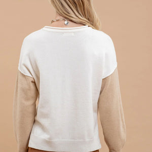 CREAM COLORBLOCK RAW EDGE LONG SLEEVE KNIT SWEATER