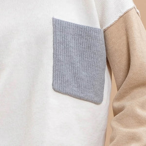 CREAM COLORBLOCK RAW EDGE LONG SLEEVE KNIT SWEATER