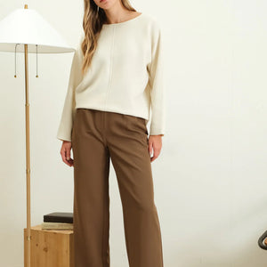 CREAM SOLID BOAT NECK FRONT SEAM KNIT SWEATER