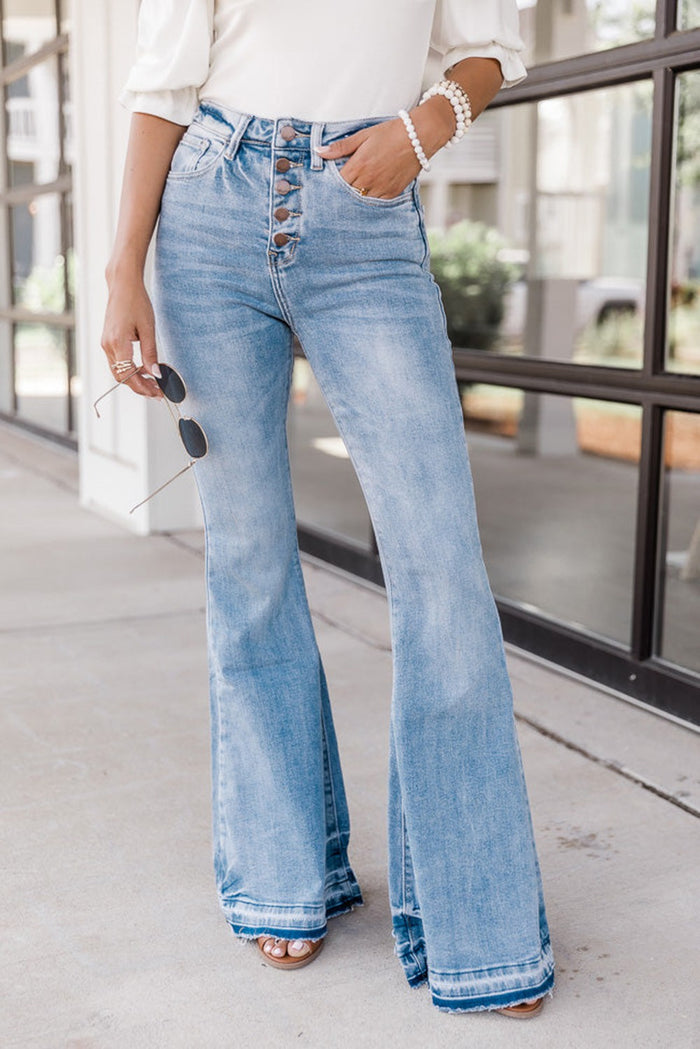 High Waist Buttoned Distressed Flared Jeans