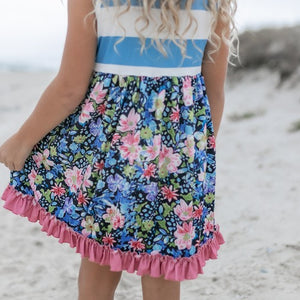 Kids Pink & Blue Wide Stripe Floral Ruffle Dress