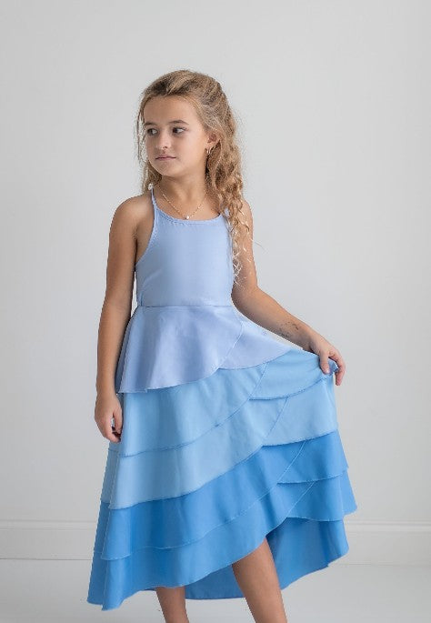 Kids Blue Ombre Waterfall Halter Hi Lo Dress