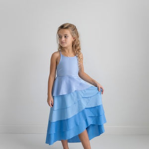 Kids Blue Ombre Waterfall Halter Hi Lo Dress