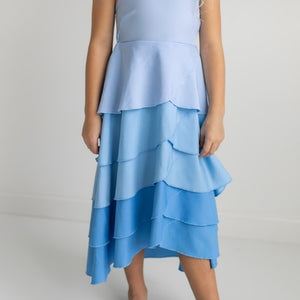 Kids Blue Ombre Waterfall Halter Hi Lo Dress