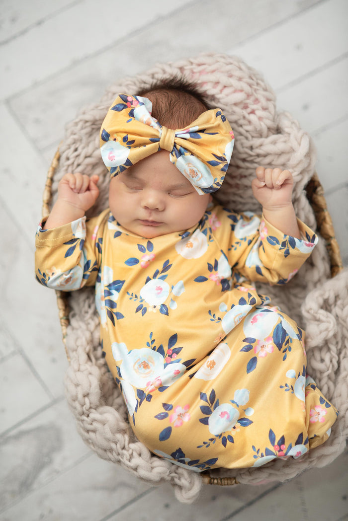 Mustard Baby Gown and Bow Headband