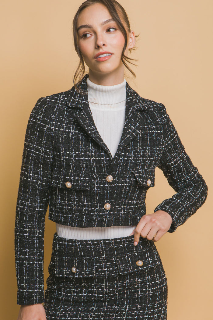 Black Cropped Tweed Blazer With V-Neck