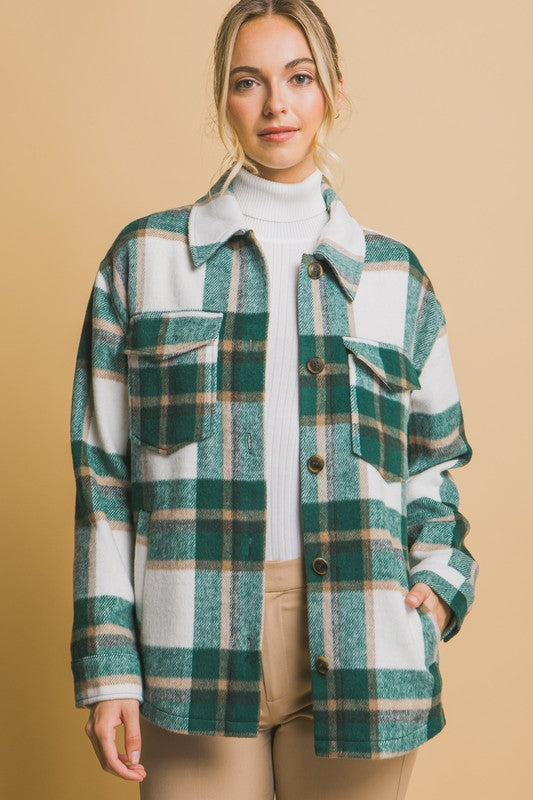 Green Wool Blend Plaid Button Up Shacket