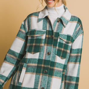 Green Wool Blend Plaid Button Up Shacket