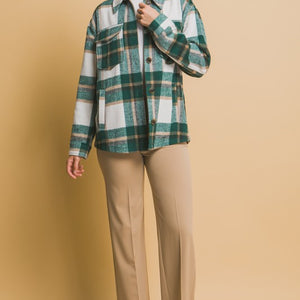 Green Wool Blend Plaid Button Up Shacket