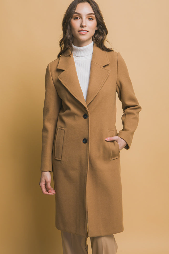 Camel Notched Lapel Long Sleeve Buttoned Coat