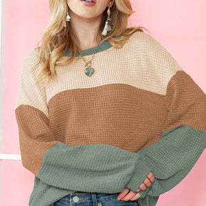 Textured Color Block Bubble Sleeve Baggy Top