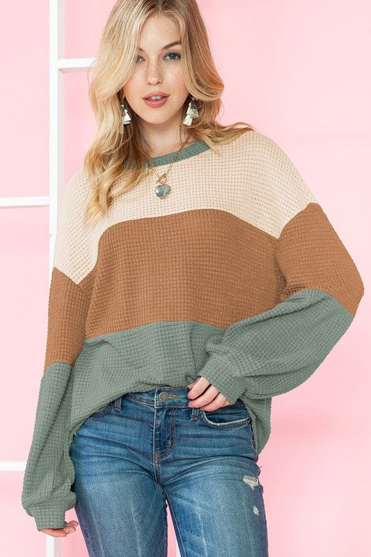 Textured Color Block Bubble Sleeve Baggy Top