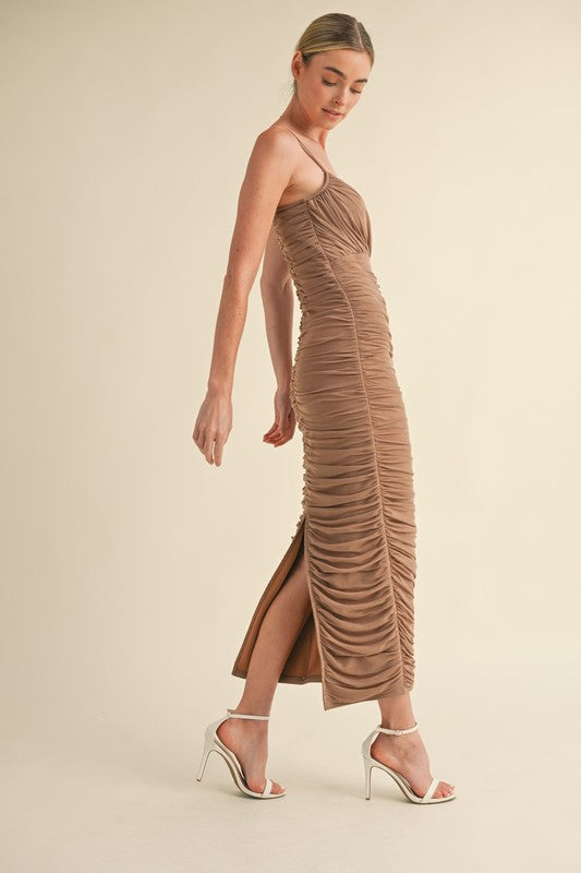 MOCHA MESH RUCHED BODYCON MIDI DRESS Sofi Stella Women's & Children's Boutique MOCHA MESH RUCHED BODYCON MIDI DRESS Sofi Stella Women's & Children's Boutique