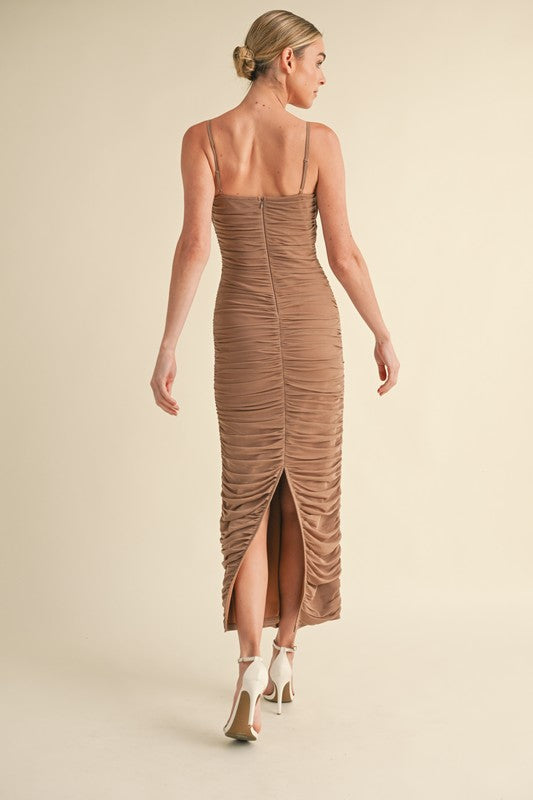 MOCHA MESH RUCHED BODYCON MIDI DRESS Sofi Stella Women's & Children's Boutique MOCHA MESH RUCHED BODYCON MIDI DRESS Sofi Stella Women's & Children's Boutique