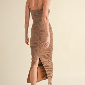 MOCHA MESH RUCHED BODYCON MIDI DRESS Sofi Stella Women's & Children's Boutique MOCHA MESH RUCHED BODYCON MIDI DRESS Sofi Stella Women's & Children's Boutique