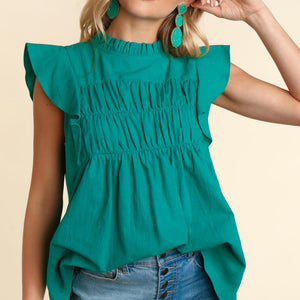 Turquoise MOCK NECK WITH FLUTTER SHORT SLEEVE TOP