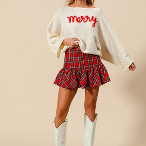 CREAM MERRY TINSEL LETTERING SWEATER TOP