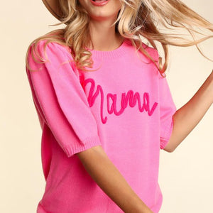 PINK MAMA EMBROIDERY POP UP LETTER ROUND NECK PUFF KNIT