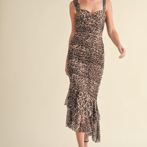 RUCHED LEOPARD MESH FISH TALE MIDI DRESS