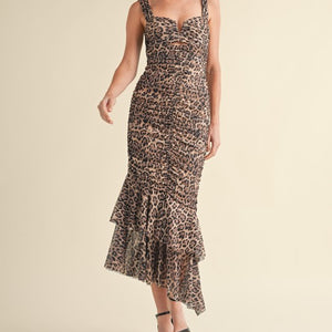 RUCHED LEOPARD MESH FISH TALE MIDI DRESS