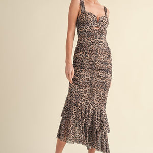 RUCHED LEOPARD MESH FISH TALE MIDI DRESS