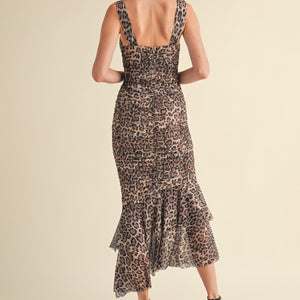 RUCHED LEOPARD MESH FISH TALE MIDI DRESS