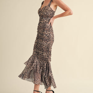 RUCHED LEOPARD MESH FISH TALE MIDI DRESS