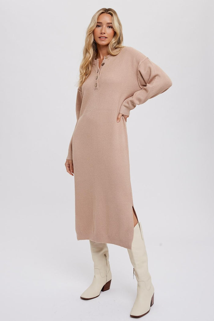 BUTTON FRONT MIDI SWEATER DRESS