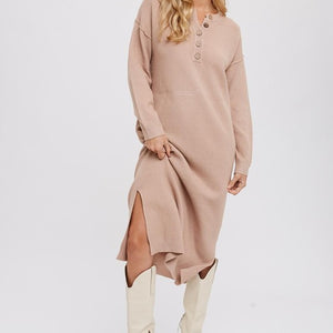 BUTTON FRONT MIDI SWEATER DRESS