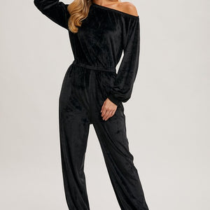 BLACK VELVET ONE SHOULDER BOAT NECK JUMPSUIT