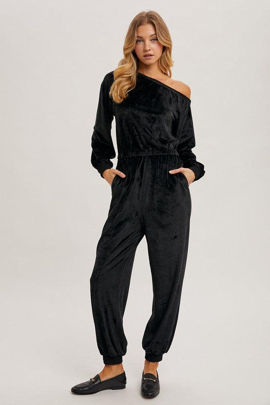 BLACK VELVET ONE SHOULDER BOAT NECK JUMPSUIT