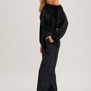 BLACK VELVET ONE SHOULDER BOAT NECK JUMPSUIT