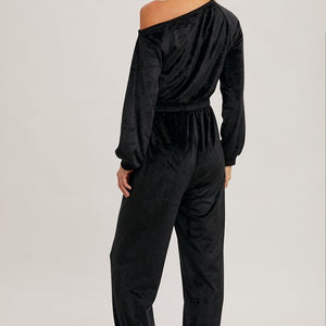 BLACK VELVET ONE SHOULDER BOAT NECK JUMPSUIT