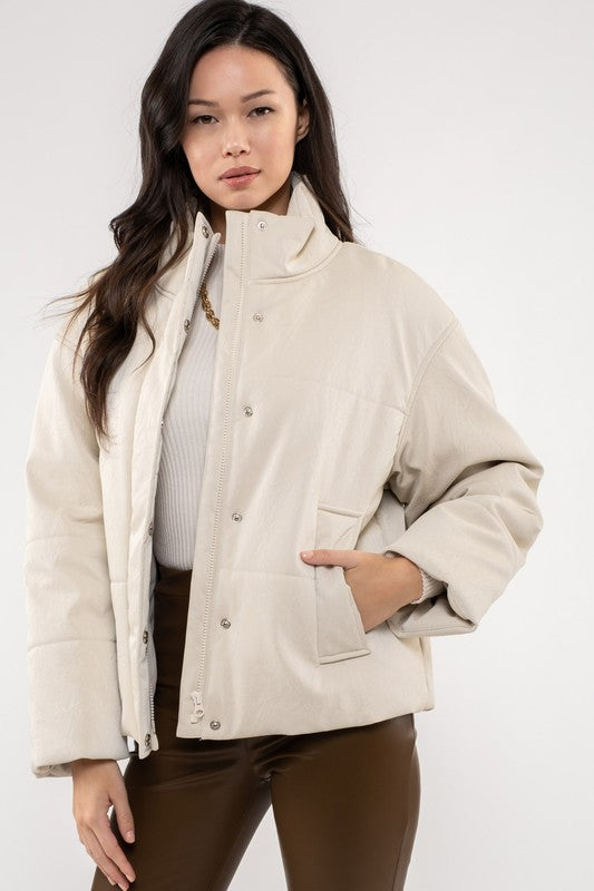 Beige pleather puff coat