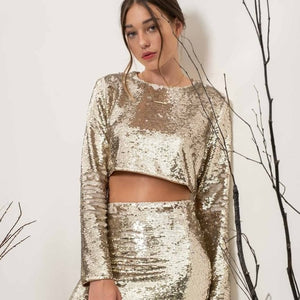 Cropped Gold sequin long sleeve top