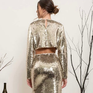 Cropped Gold sequin long sleeve top