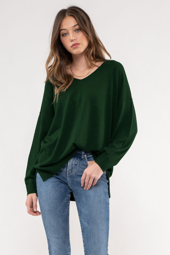 V neck light weight green knit sweater