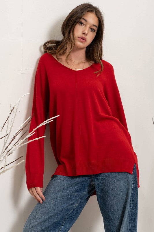 V neck red light weight knit sweater