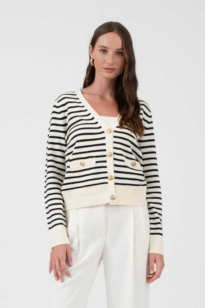 Stripe ivory v neck cardigan w gold buttons