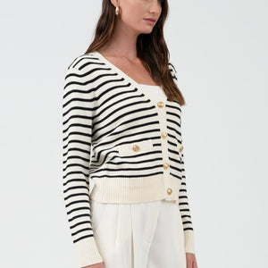 Stripe ivory v neck cardigan w gold buttons