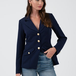 Navy blazer with gold accents