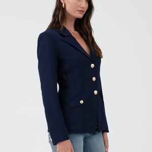 Navy blazer with gold accents