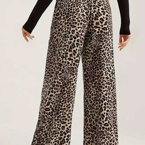 Leopard Print Elastic Waist Wide Leg Pants