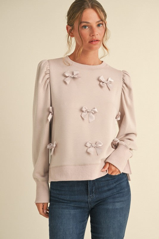 Taupe Solid Bow Ties Patch Sweatshirts Top