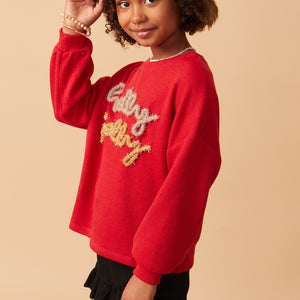 Girls Handknit Tinsel Holly Jolly Ribbed Knit Top