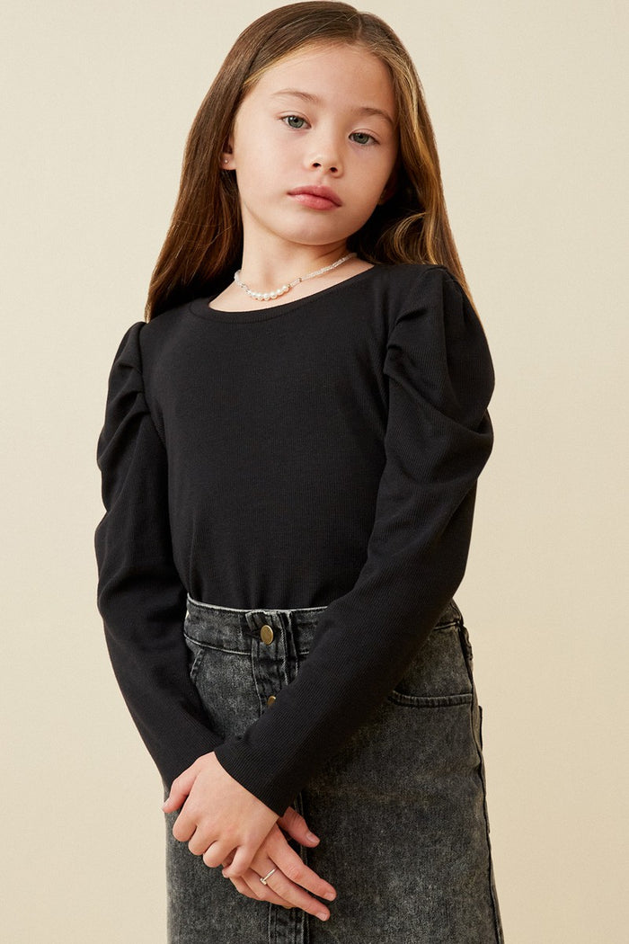 Girls Pleated Puff Shoulder Knit Top, 2 colors